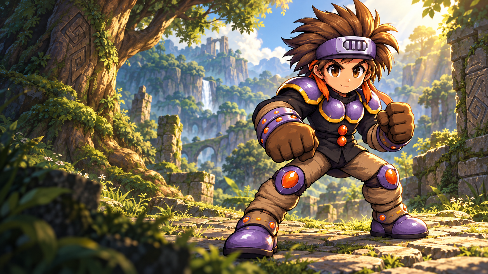 Didga in purple armor with his power gloves, ready for an adventure